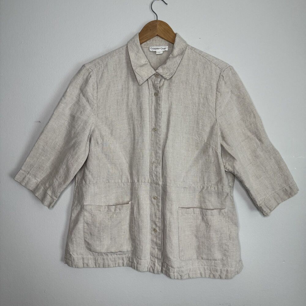 Coldwater Creek Tan Linen Button Up Shirt Petite Large Quiet Luxury Capsule Boho